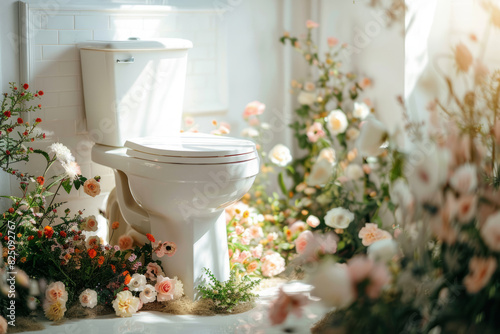 Toilet sits surrounded by flowers. Bathroom air freshener concept