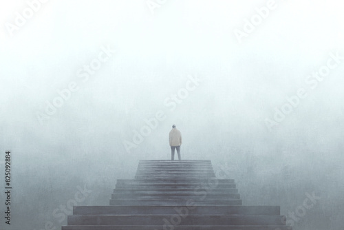 Illustration of man alone on top of stairs in the fog, surreal abstract concept