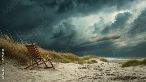 A rustic beach chair on a secluded beach surrounded by dunes and wild grass, the isolation emphasized by a stormy sky overhead, capturing a moment of solitude.