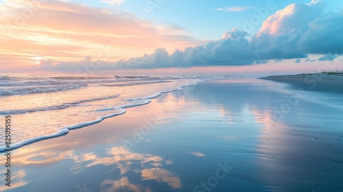 A serene beach at sunrise, with gentle waves lapping at the shore and pastel colors filling the sky, reflecting off the wet sand.