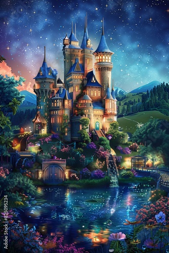 a drawing of a fairytale castle with towers and turrets.