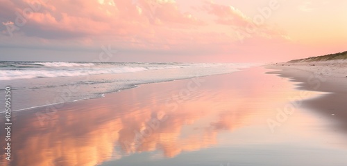 A serene beach scene at dawn, with soft pink and orange hues in the sky reflecting on the wet sand and gentle waves lapping at the shore.