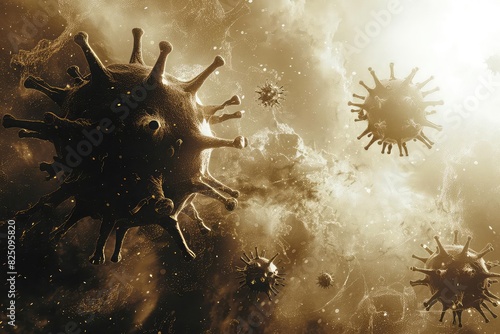 Influenza depicted as dark clouds engulfing healthy cells, Steampunk Style, Sepia Tone, Illustration, Representing viral takeover