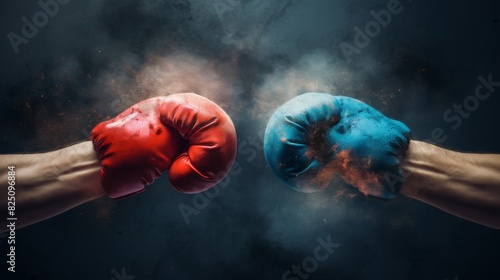 Intense clash men s hands in red and blue boxing gloves collide on dark misty background