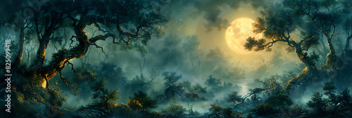 hauntingly beautiful printable mural of a mysterious moonlit forest suited for adorning the walls of a hotel lobby creating a serene and enchanting atmosphere for guests