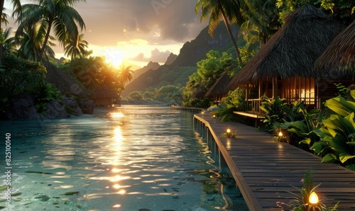 A beautiful tropical scene with a river and palm trees