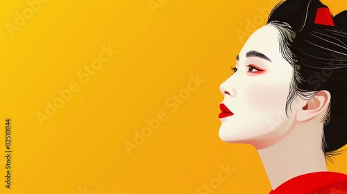 A woman with red hair and red lipstick is wearing a red and gold kimono