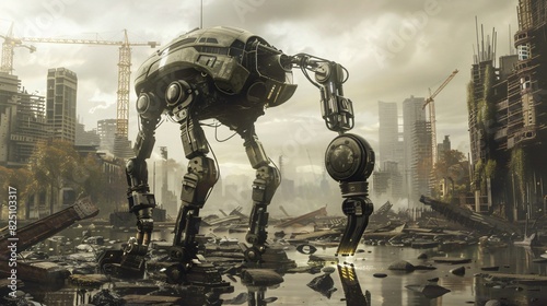 bipedal robot standing in a ruined city