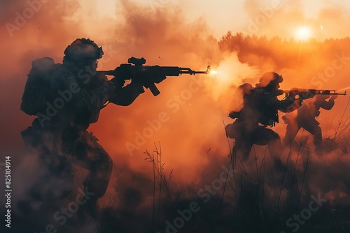 Army soldiers in the fog against a sunset, marines team in action, surrounded fire and smoke, shooting with assault rifle and machine gun, attacking enemy