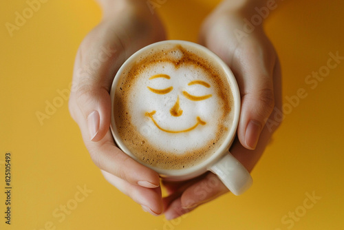 Close-up of hands holding a coffee cup with an amused face in the foam, against a yellow background.