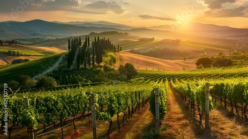 Sunlit Tuscan Vineyard: Idyllic Agricultural Haven in Italy's Rolling Hills