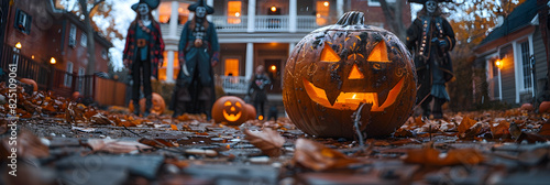 A candid shot of a family in themed Halloween costumes, including a pirate, a princess, and a superhero, standing in front of their decorated home with carved pumpkins and spooky