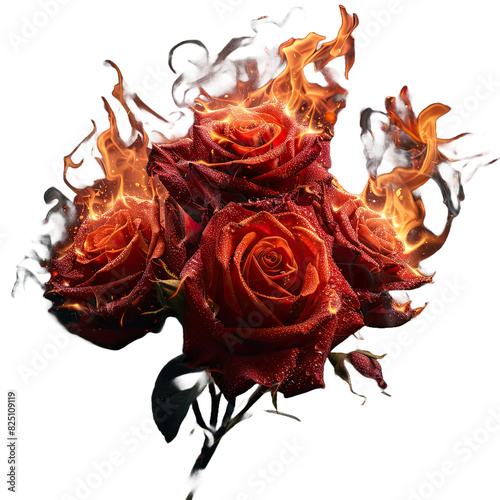 Red rose flowers bouquet burning with fire flames