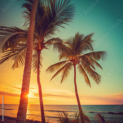 sunset beach, coconut tree, palm tree, tropical sea, ocean, Beautiful color photos, vintage style.