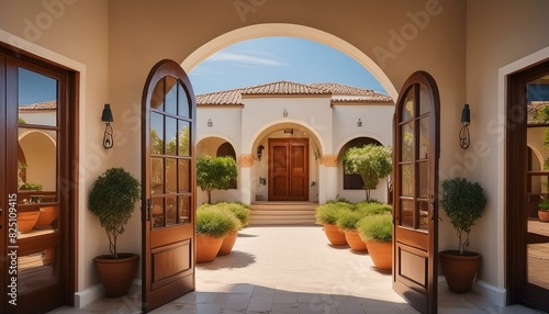 Explore the elegance of Mediterranean villas, featuring arched central doors that open to lush courtyards