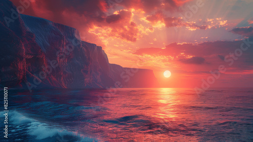 A serene sunset over a rugged coastline, with waves gently lapping against the base of the cliffs.