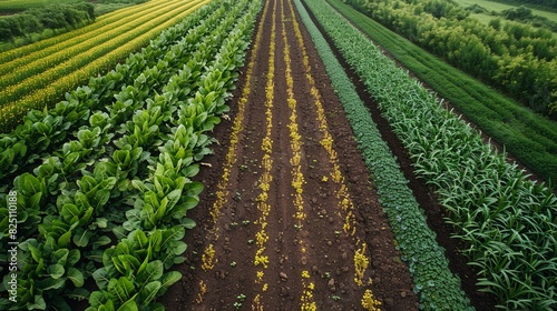 A field with different crops planted in a rotation pattern, with a detailed crop rotation plan explaining the benefits for soil fertility and pest management