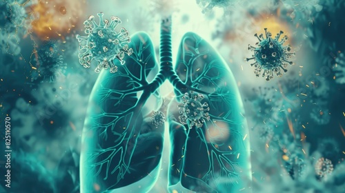 Respiratory system invaded by flu viruses, spreading illness selective focus, virus replication, surreal, Overlay, airways illustration