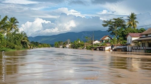 A flooded street with houses on the other side