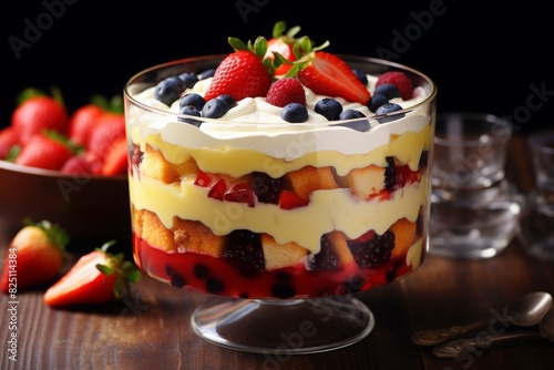 Delicious layered trifle with fresh strawberries, blueberries, and cream in a glass bowl, perfect for a dessert or celebration treat.