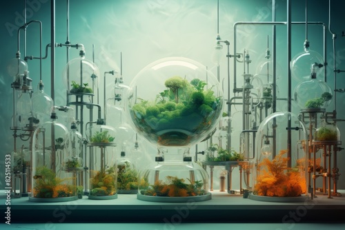 Futuristic lab with terrariums featuring plants and unique glassware, representing science and innovation in biotechnology and ecology.