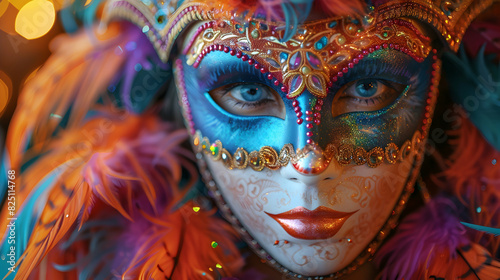 Elaborate masquerade halloween masks adorned with vibrant feathers and sparkling jewels captured in close-up photography using a DSLR camera with a macro lens, allowing for crisp detail