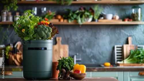 Trash bin for composting with leftover from kitchen. copy space. Recycling scarps concept. Sustainable and zero waste lifestyle