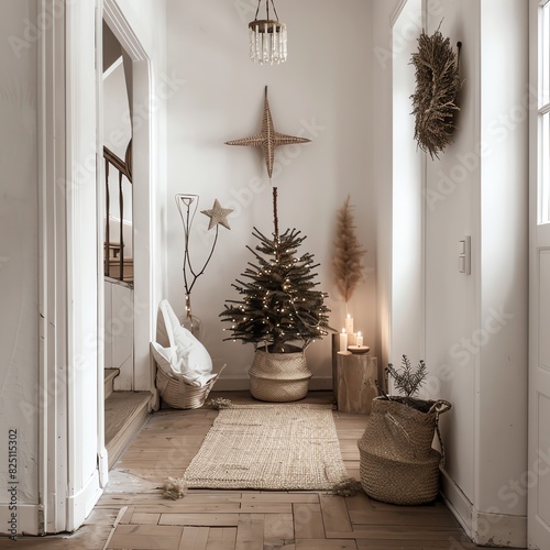 Cozy, minimalist holiday decor in a small hallway with a small decorated Christmas tree and rustic, natural elements.