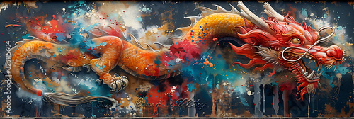 striking printable graffiti mural depicting a fierce dragon breathing fire suited for adorning the walls of a tattoo parlor adding a bold and rebellious vibe to the space