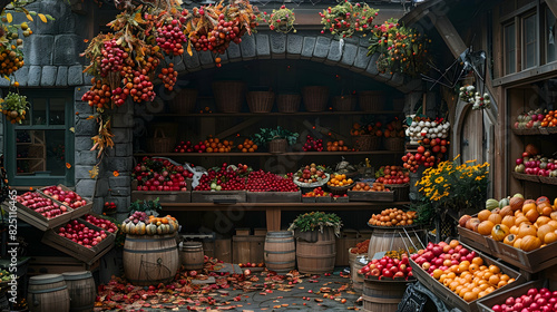 Halloween Rustic autumn decorations bursting with vibrant oranges and deep reds captured in wide-angle photography using a polarizing filter