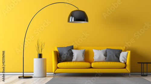 A sleek black and chrome floor lamp beside a minimalist grey couch, set against a bold mustard yellow wall with a blank empty white frame mockup.