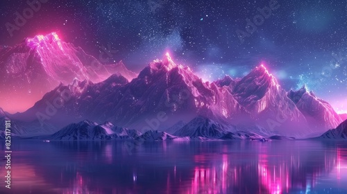 A surreal scene featuring a neon fantasy mountain, lake, and night sky. This abstract panoramic background showcases rocky mountains and glowing neon lines, creating a dynamic landscape with a floatin