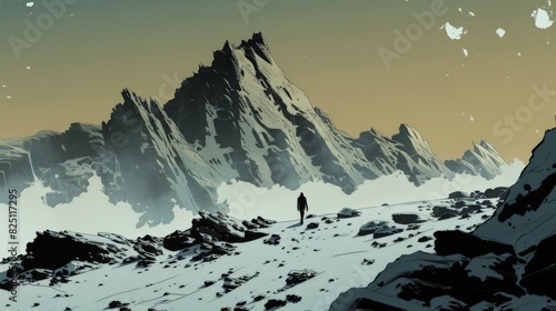 A foreboding mountain pass shrouded in mist, its jagged peaks casting long shadows across the rocky terrain below. In the distance, a lone figure trudges through the snow, 