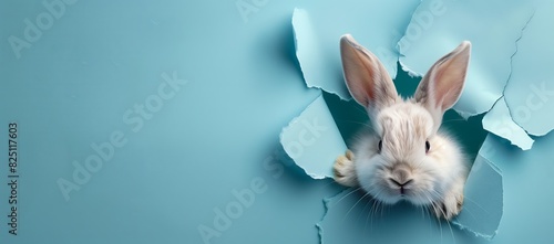 Easter banner with a white rabbit head breaking through a hole in a blue paper background