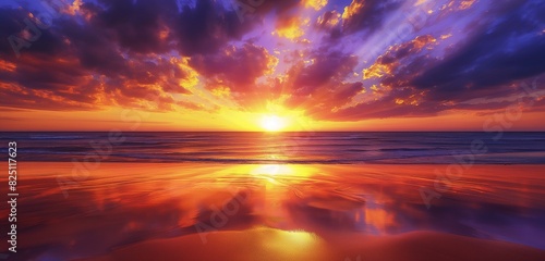 A sunset view at the beach, with the sun dipping below the horizon and the sky painted in a palette of gold, purple, and red, reflecting on a calm sea.