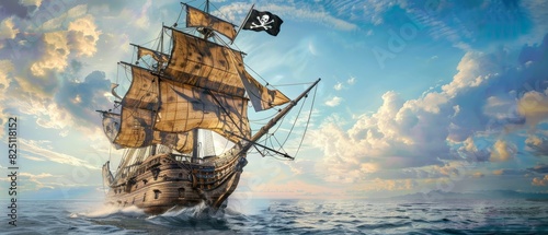 The pirate ship sails on the high seas in search of adventure and treasure.