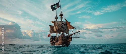 The pirate ship sails on the high seas in search of adventure and treasure.