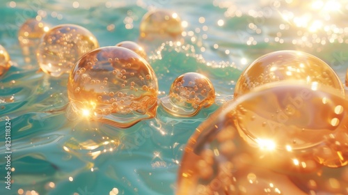 A striking 3D render of liquid bubbles containing cosmetic essence, with intricate molecules swirling within each bubble, set against a backdrop of serene water, 