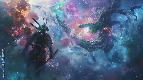 Produce an underwater digital art piece featuring a samurai navigating through a dreamy nebula setting populated by mythical beings