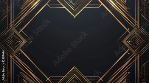 Elegant Art Deco border with gold geometric patterns on a black background, design