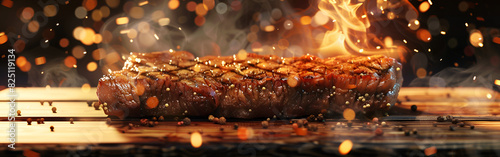 Grilled meat steak on stainless grill with flames on background Food and cuisine concept of eid ul azha in background 