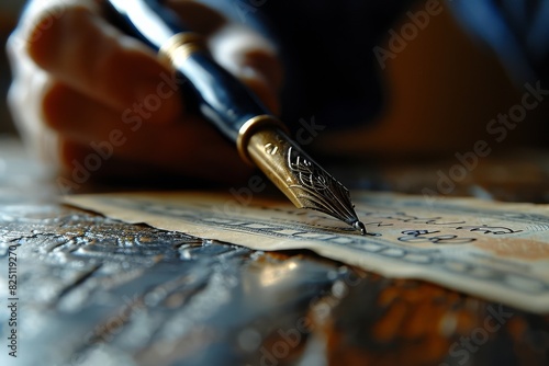 A close-up of a hand writing on a piece of paper with a fountain pen