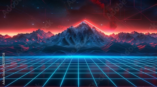 Retro 80s synthwave design with neon grids and mountains, background image