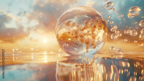 A stunning 3D rendering of cosmetic essence encapsulated within a liquid bubble, with a molecule suspended inside, set against a backdrop of shimmering water, evoking a sense of beauty and purity.