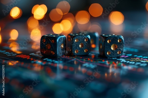 A close-up view of three dice placed on a table, showing different sides and numbers facing up