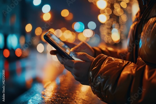 A person is using a cell phone while standing on a city street at night, surrounded by urban lights and buildings