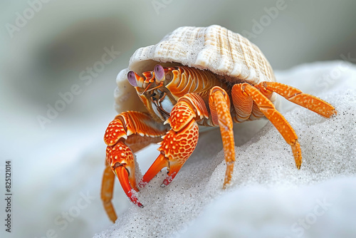 Close-up of a vibrant orange hermit crab crawling on a sandy surface with a shell on its back, detailed texture and natural light.