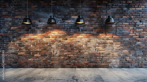 empty brick wall concrete floor with hanging lamps background