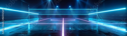 Futuristic volleyball court, neon lights, warm and light blue glowing lines, black background, 3D rendered, virtual game environment