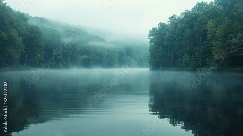 A misty lake in the morning. The water is calm and still, and the trees are reflected in the water. 